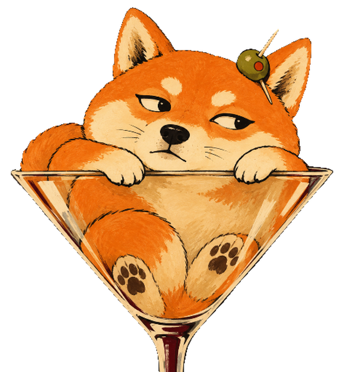 Martinu peering over the rim of her martini glass, olive pinned in her fur