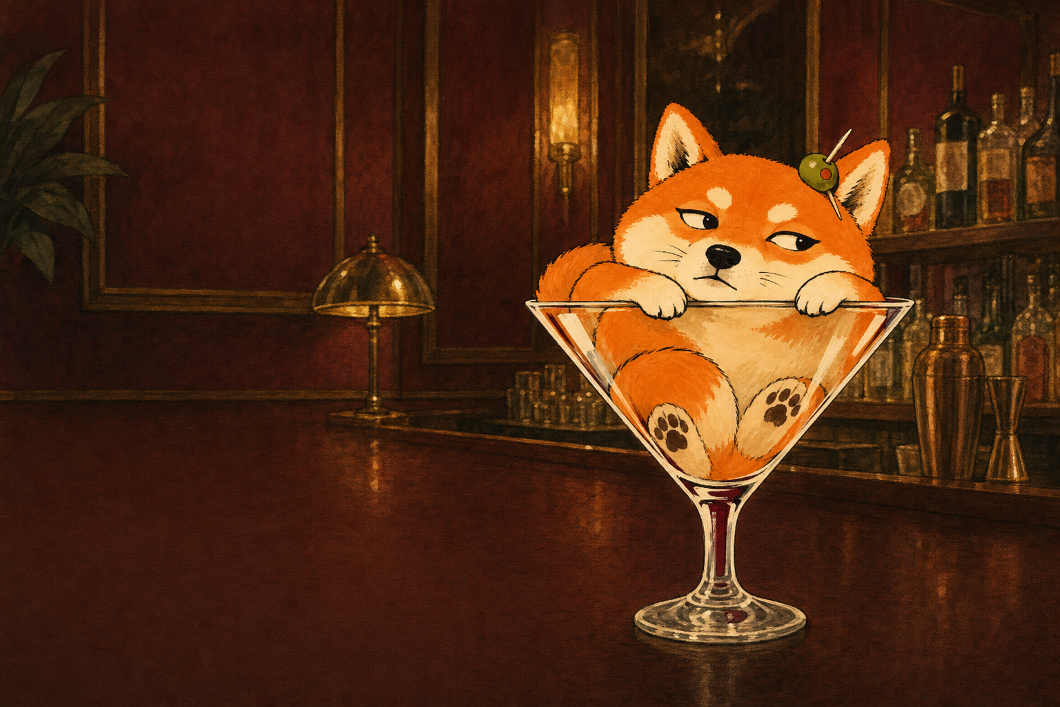 Martinu, a shiba inu with an olive in her hair, lounging inside a martini glass on a dim bar counter